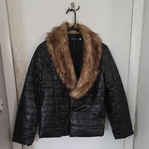 Women’s Black Quilted Jacket with Faux Fur Collar